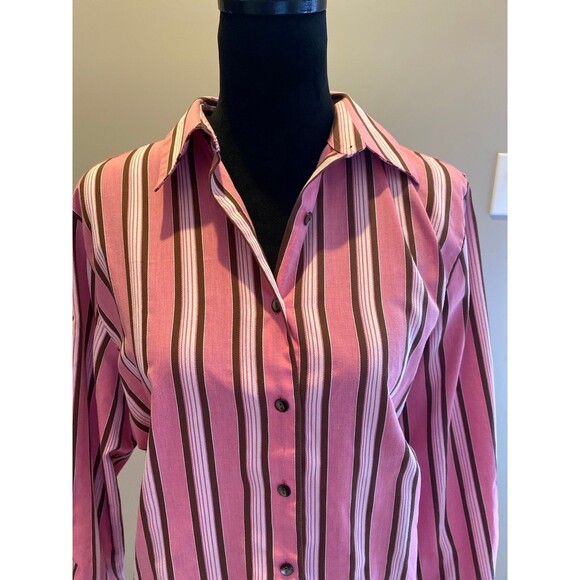 Fox Croft Womens Blouse Size 14 Pink Brown Striped Button Down Top Collared - Picture 2 of 12